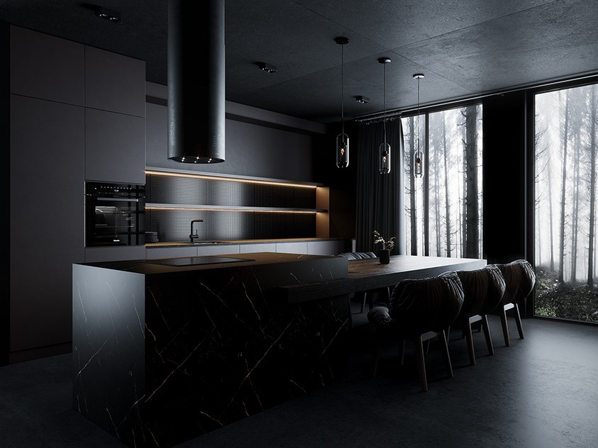 Hệ tủ bếp màu đen nhám đẹp hiện đại