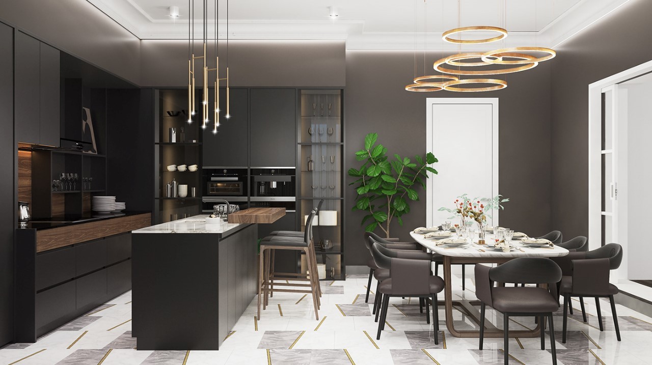 Thiết kế tủ bếp màu đen chữ i đơn giản