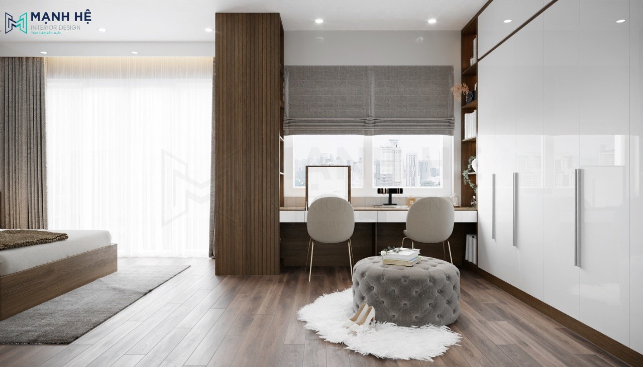 Bàn làm việc kết hợp bàn trang điểm đặt cạnh cửa sổ