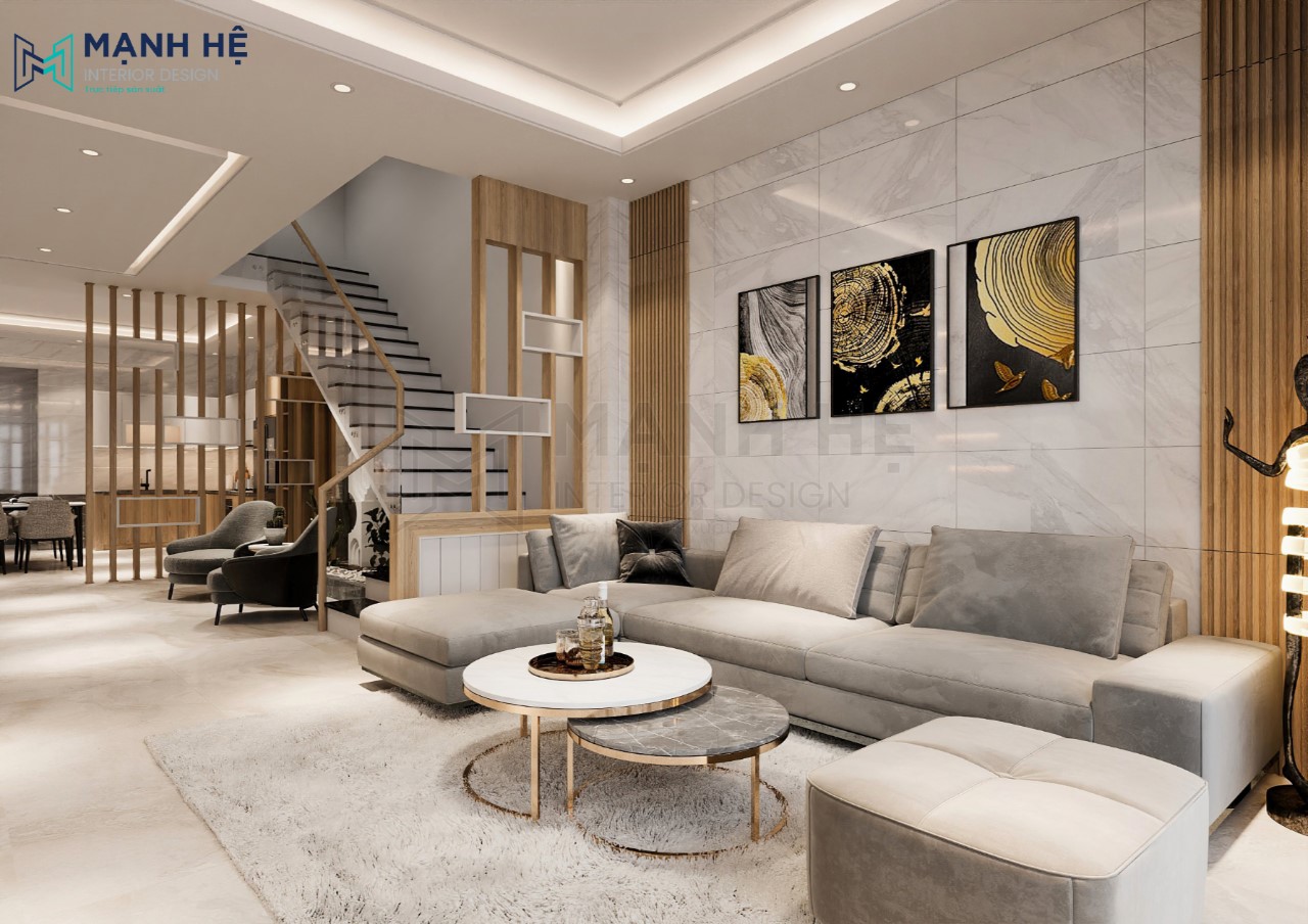 Phòng khách liền bếp bgăn cách bởi vách ngăn lam gỗ hiện đại