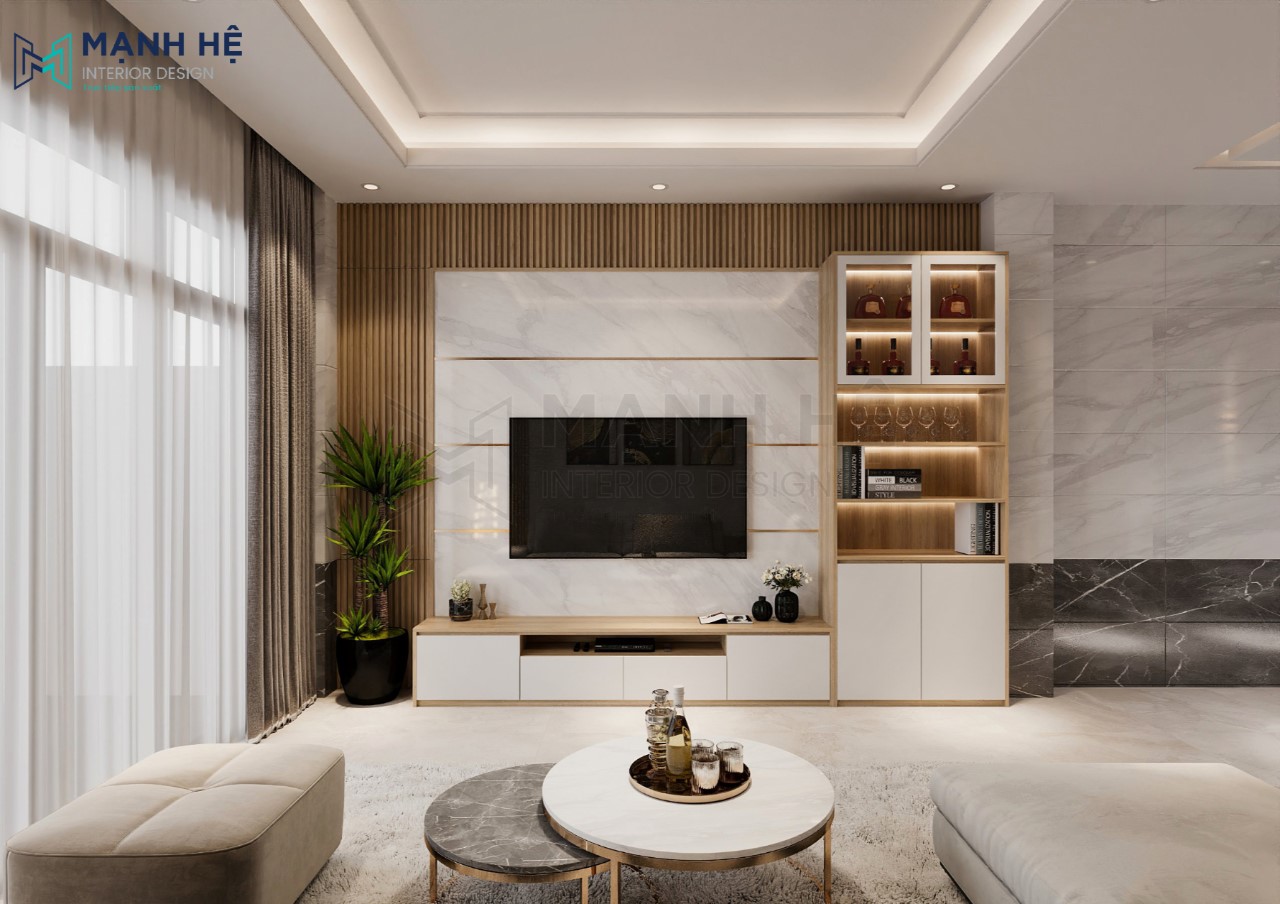 Kệ tủ tivi kết hợp tủ trang trí đựng rượu cho phòng khách thêm sang trọng