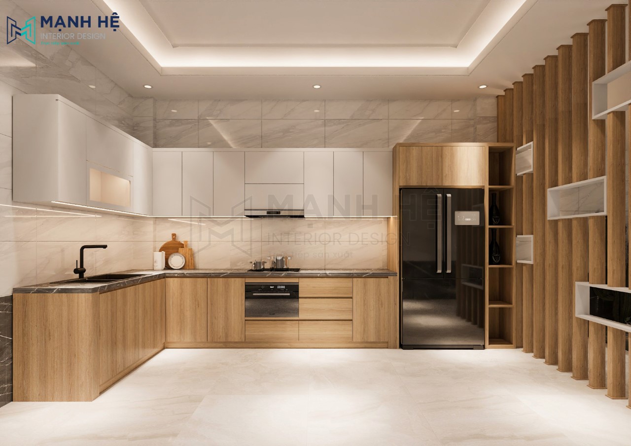 Hệ tủ bếp chữ L được làm từ gỗ công nghiệp đẹp hiện đại