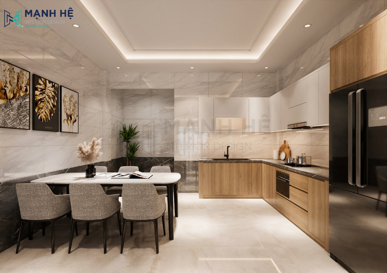 Không gian phòng bếp nhà phố được ốp gach lát toàn bộ
