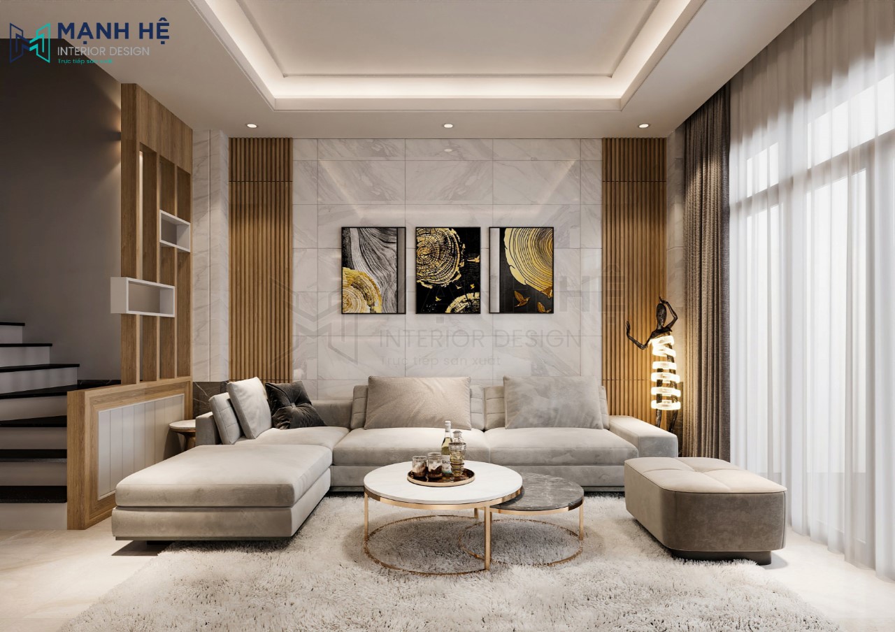 Vách ốp giả vân đá sang trọng phía sau chiếc ghế sofa phòng khách