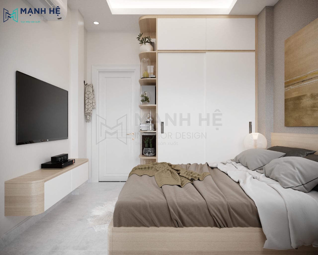 Mẫu tủ quần áo cửa lùa kết hợp kệ trang trí cho phòng ngủ