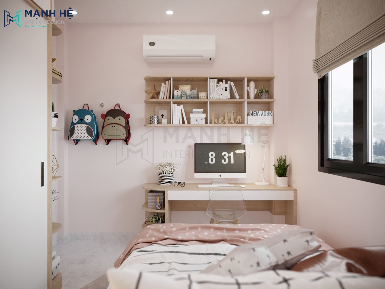 Bàn học và kệ sách treo tường làm bằng gỗ công nghiệp chắc chắn cho bé