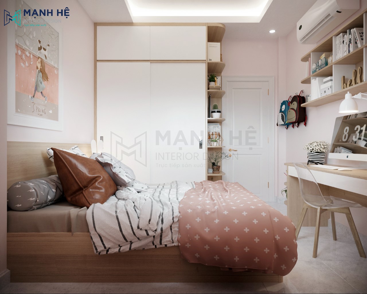 Hệ tủ quần áo cao đụng trần và cửa lùa rộng rãi cho bé
