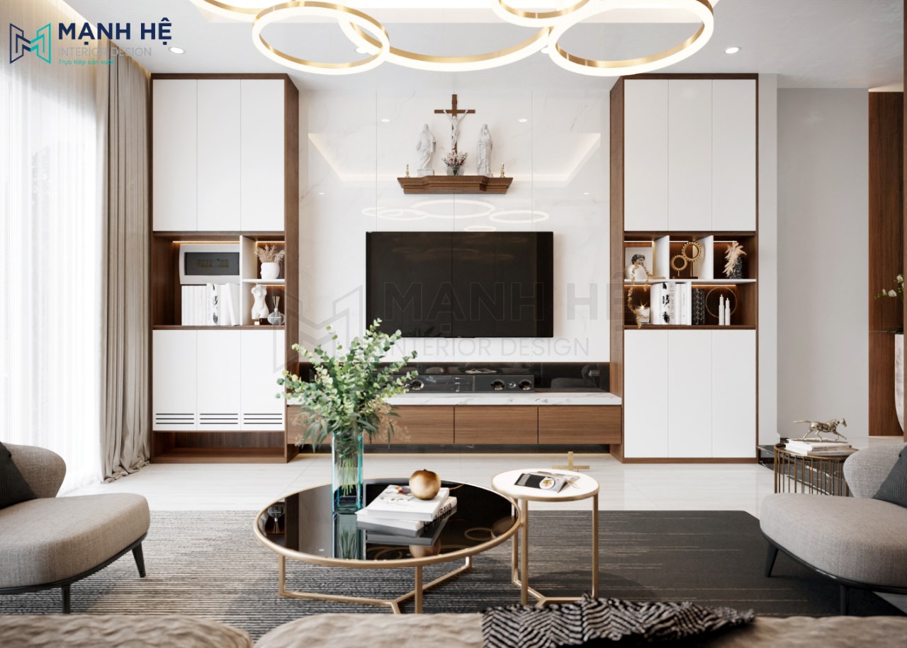 Kệ tủ tivi đặt chính giữa 2 bên tủ trang trí đối xứng thu hút