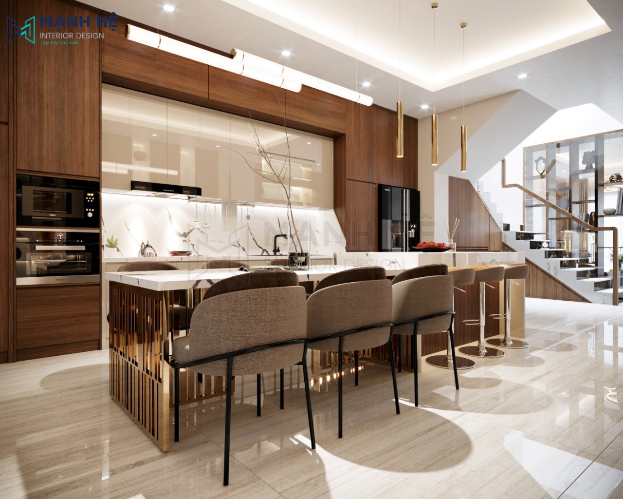 Hệ tủ bếp chữ I thiết kế cao đụng trần bằng gỗ Acrylic kết hợp Melamine sang trọng