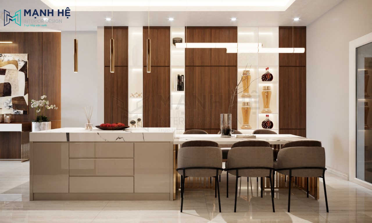 Bàn đảo bếp hết hợp bàn ăn mặt đá marble đẹp sang trọng