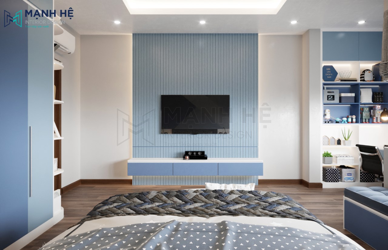 Kê tủ tivi đơn giản với vách ốp lam gỗ phía sau kệ tivi làm điểm nhấn
