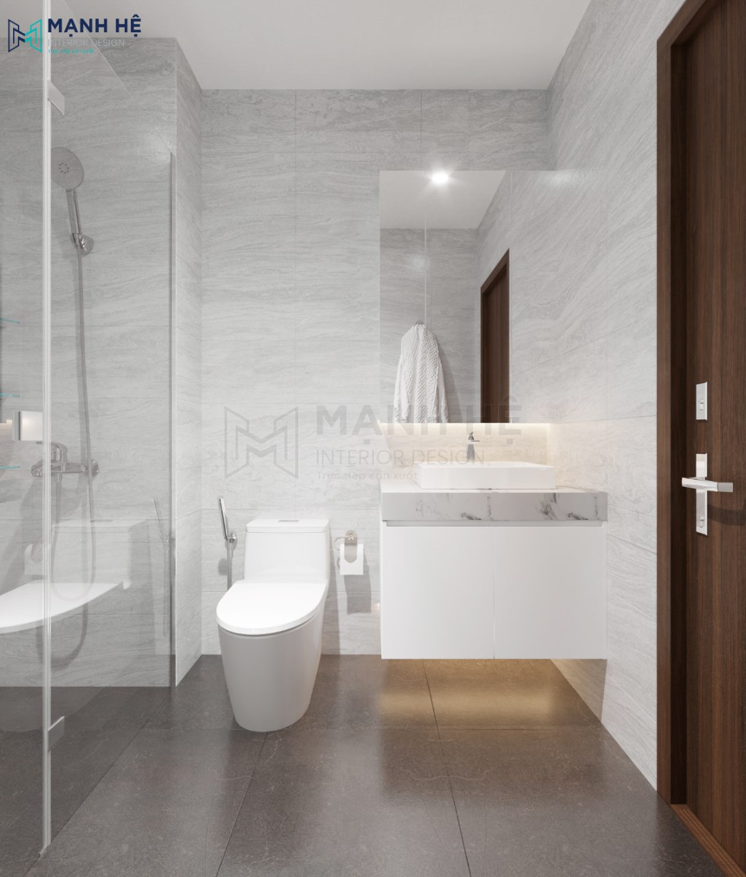 Nhà vệ sinh chung với gam màu trắng sạch sẽ thoáng đãng
