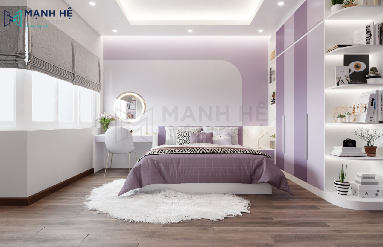 Thiết kế phòng ngủ cho con gái với gam màu tím mộng mơ