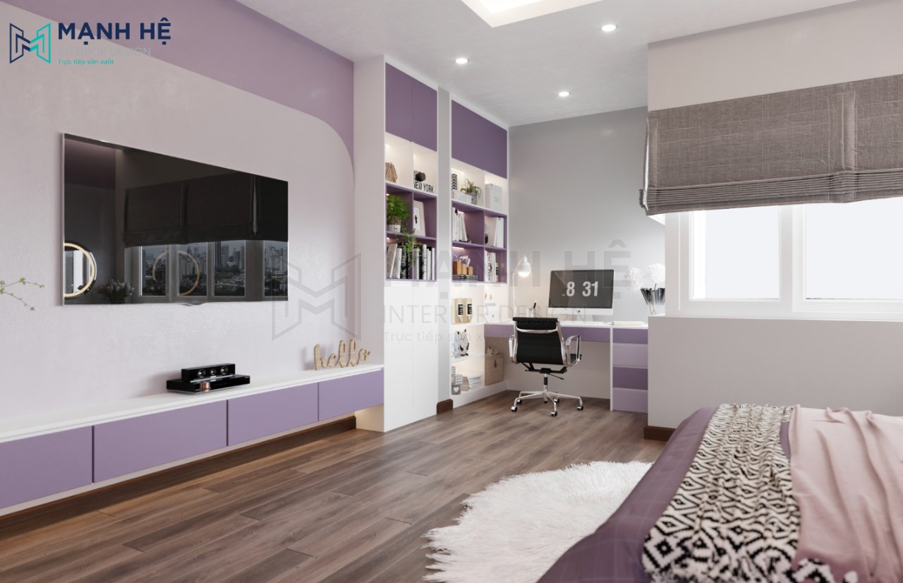 Góc học tập riêng được bố trí bàn làm việc và kệ sách tiện nghi