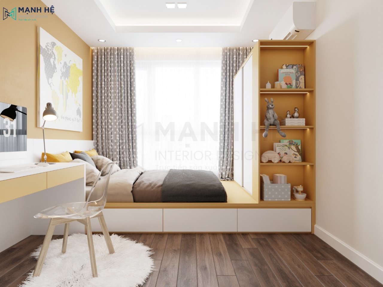 Thiết kế phòng ngủ bé trai với kiểu giường dạng bục có hộc kéo