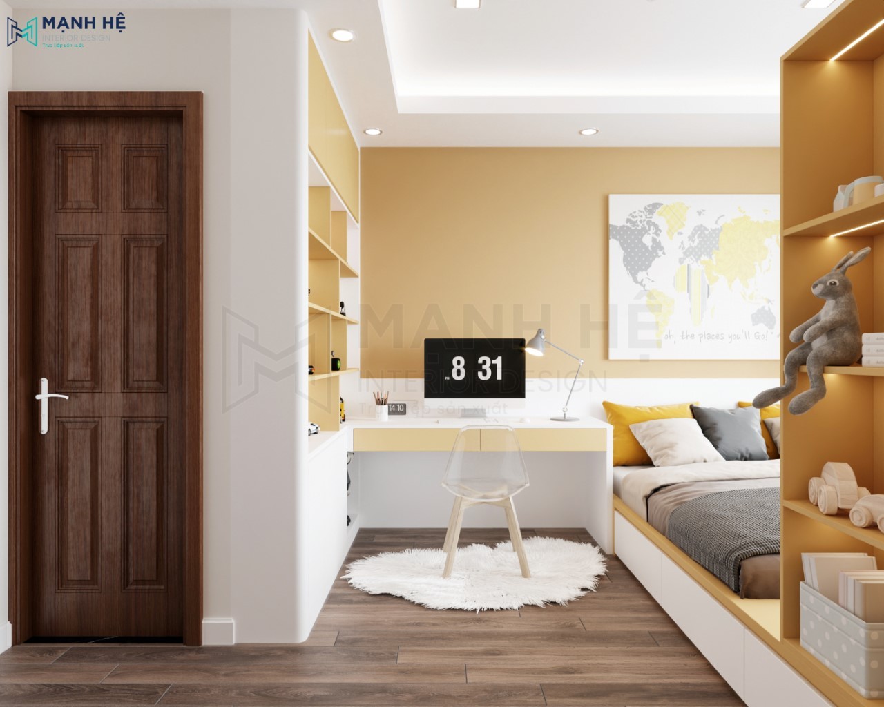 Thiết kế bàn học nối liền tủ trang trí