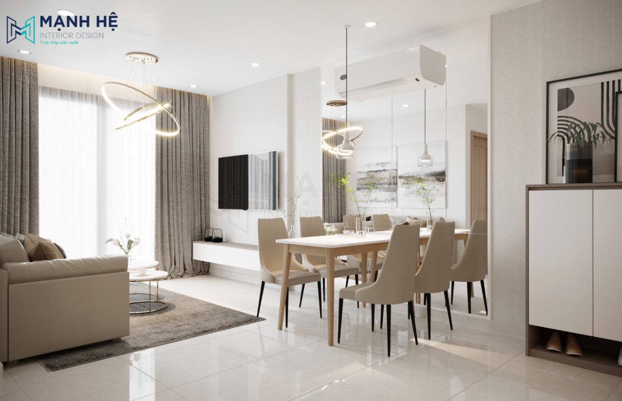 Bộ bàn ăn ngăn cách 2 không gian phòng khách liền bếp