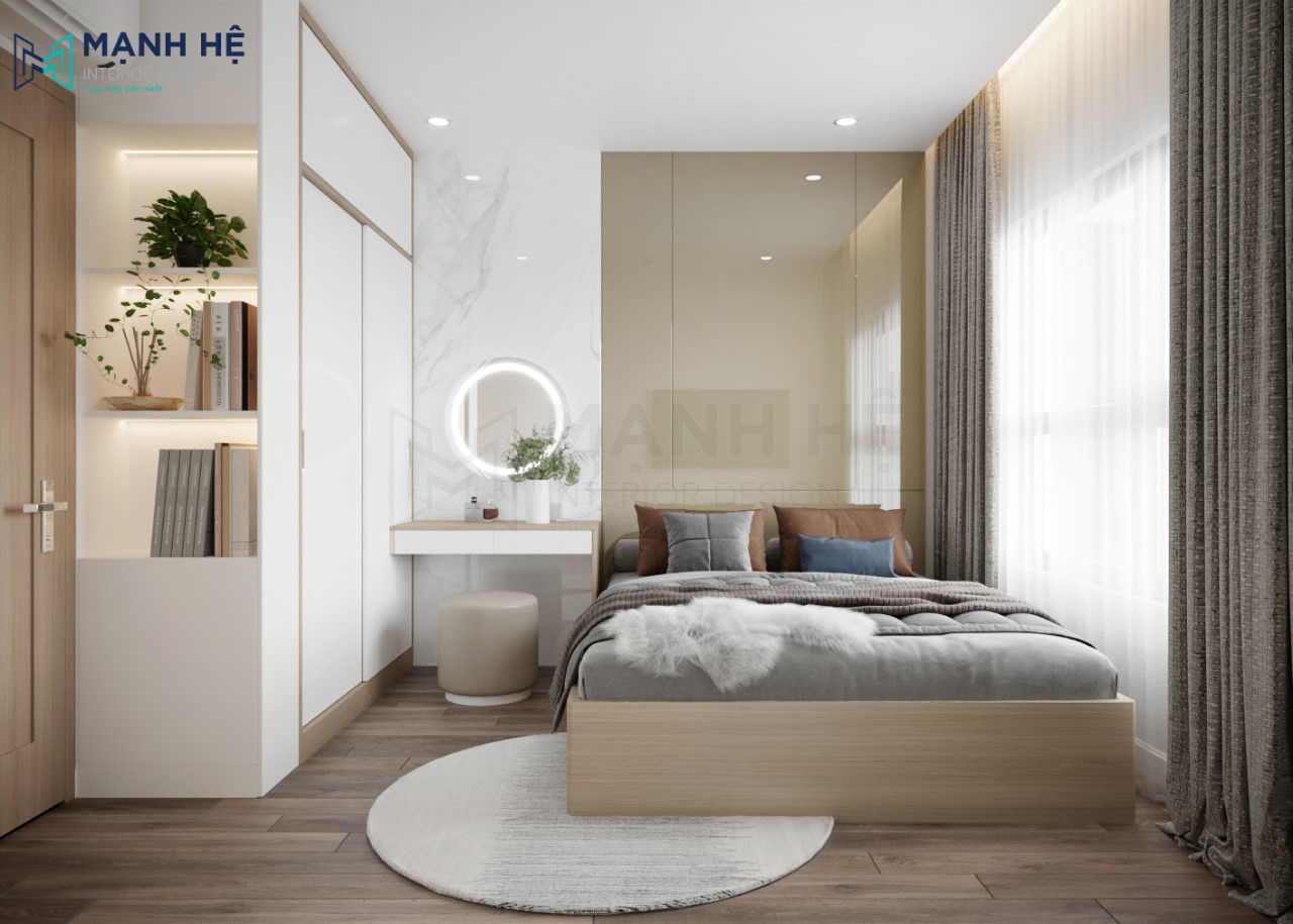 Mẫu 27: Thiết kế giường gỗ master 20m2 cho vợ chồng đẹp với vách ốp acrylic đầu giường