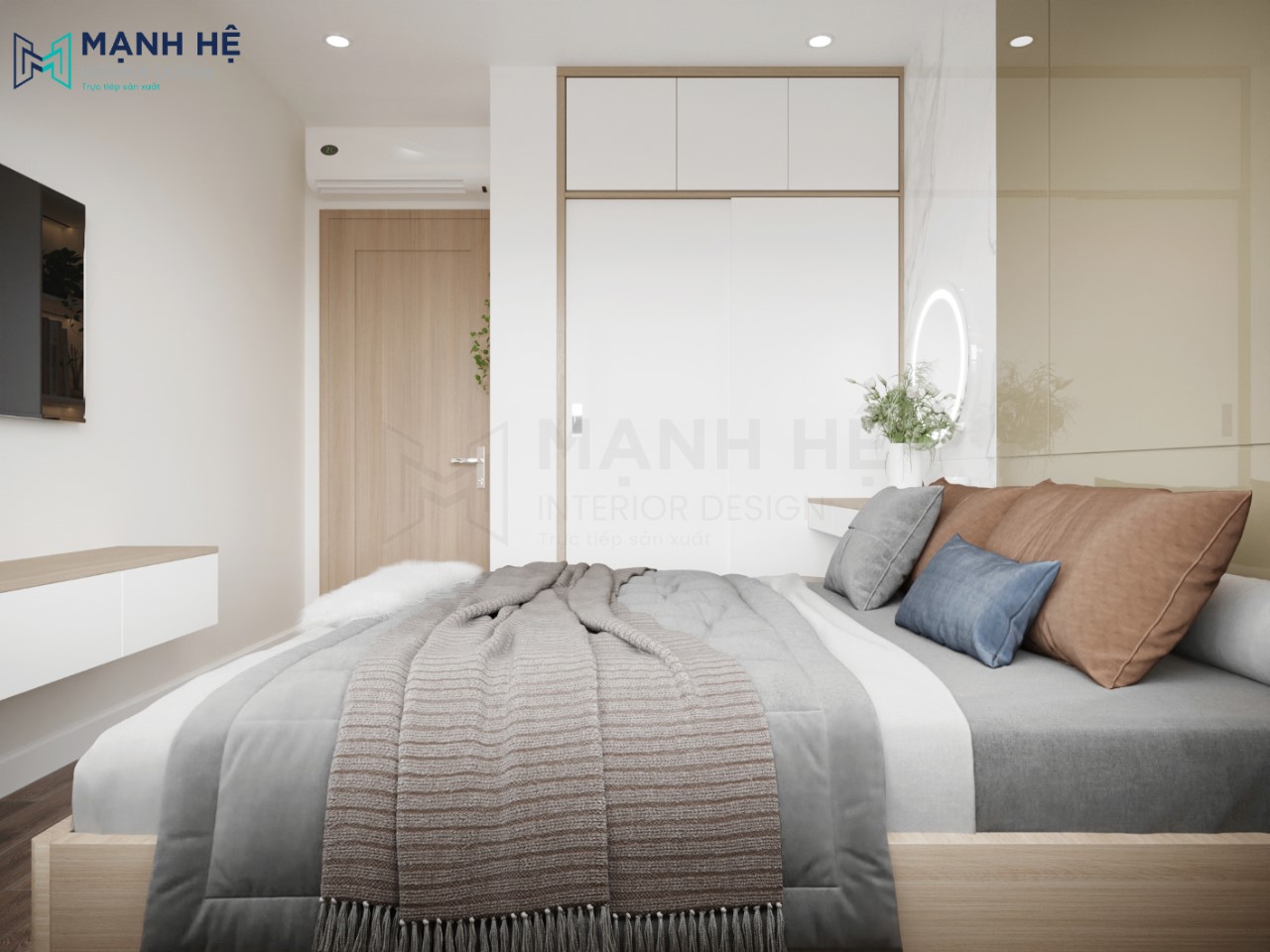 Tủ quần áo thiết kế âm tường màu trắng giúp cơi nới không gian thêm rộng rãi