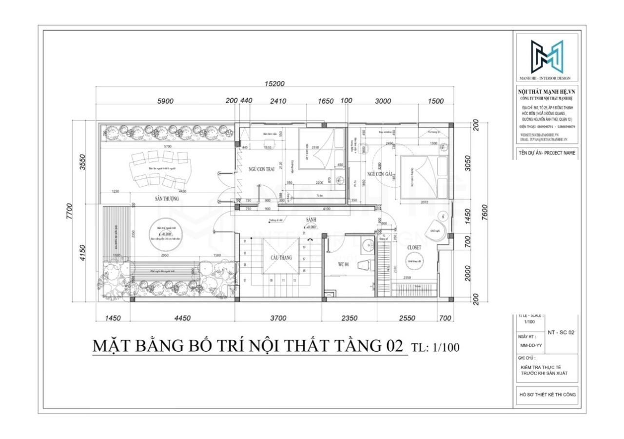 bản vẽ mặt bằng nội thất tầng 2 nhà phố