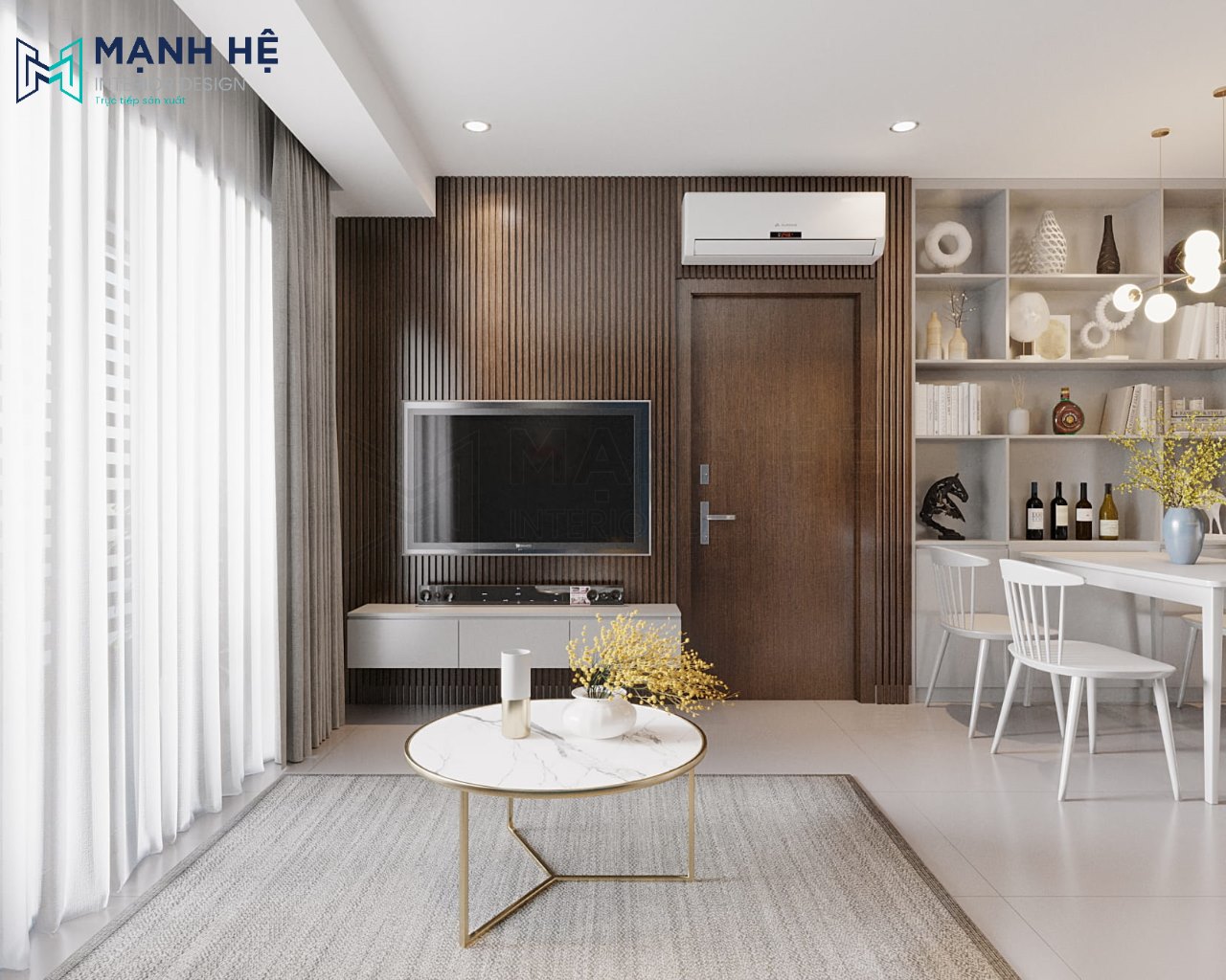 Vách ốp lam gỗ màu nâu trầm ấm phía sau tivi sang trọng