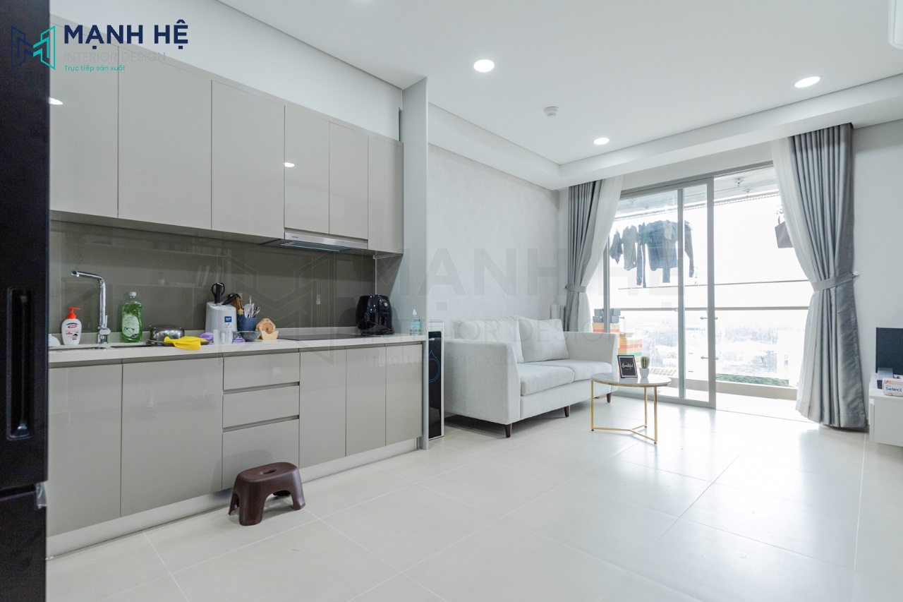 Tổng quan không gian phòng khách liền bếp đẹp sau khi thi công hoàn thiện