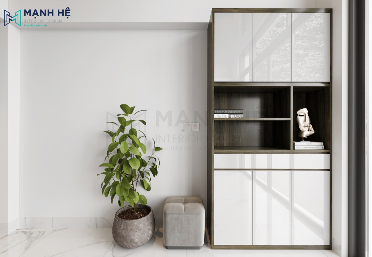 Hệ tủ giày kết hợp tủ trang trí đặt ngay cửa ra vào căn nhà phố đẹp sang trọng