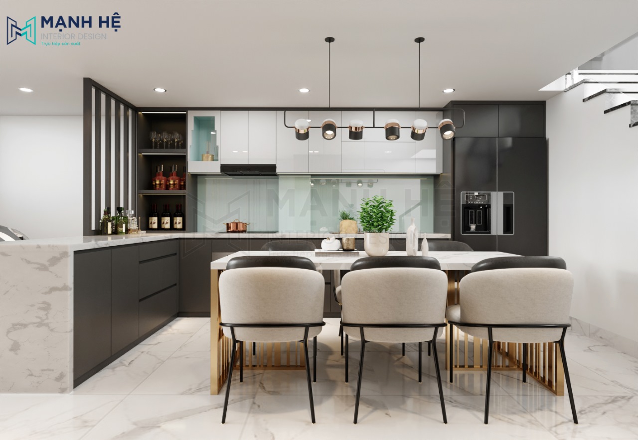 Hệ tủ bếp gỗ công nghiệp đẹp sang trọng với chất liệu gỗ công nghiệp
