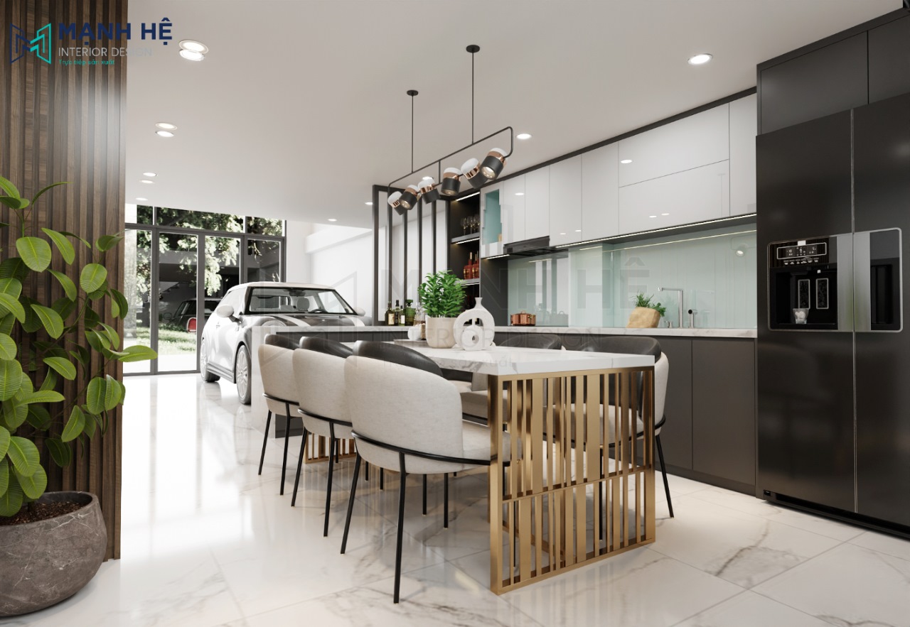 Chiếc bàn ăn mặt đá marble sang trọng với 6 ghế nệm êm ái