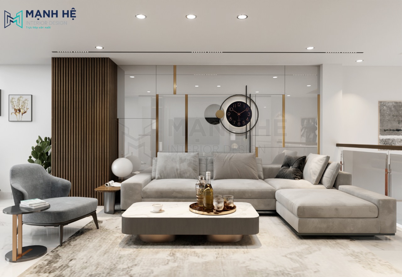 Chiếc ghế sofa màu xám chữ L có kích thước đặt giữa không gian phòng khách hiện đại