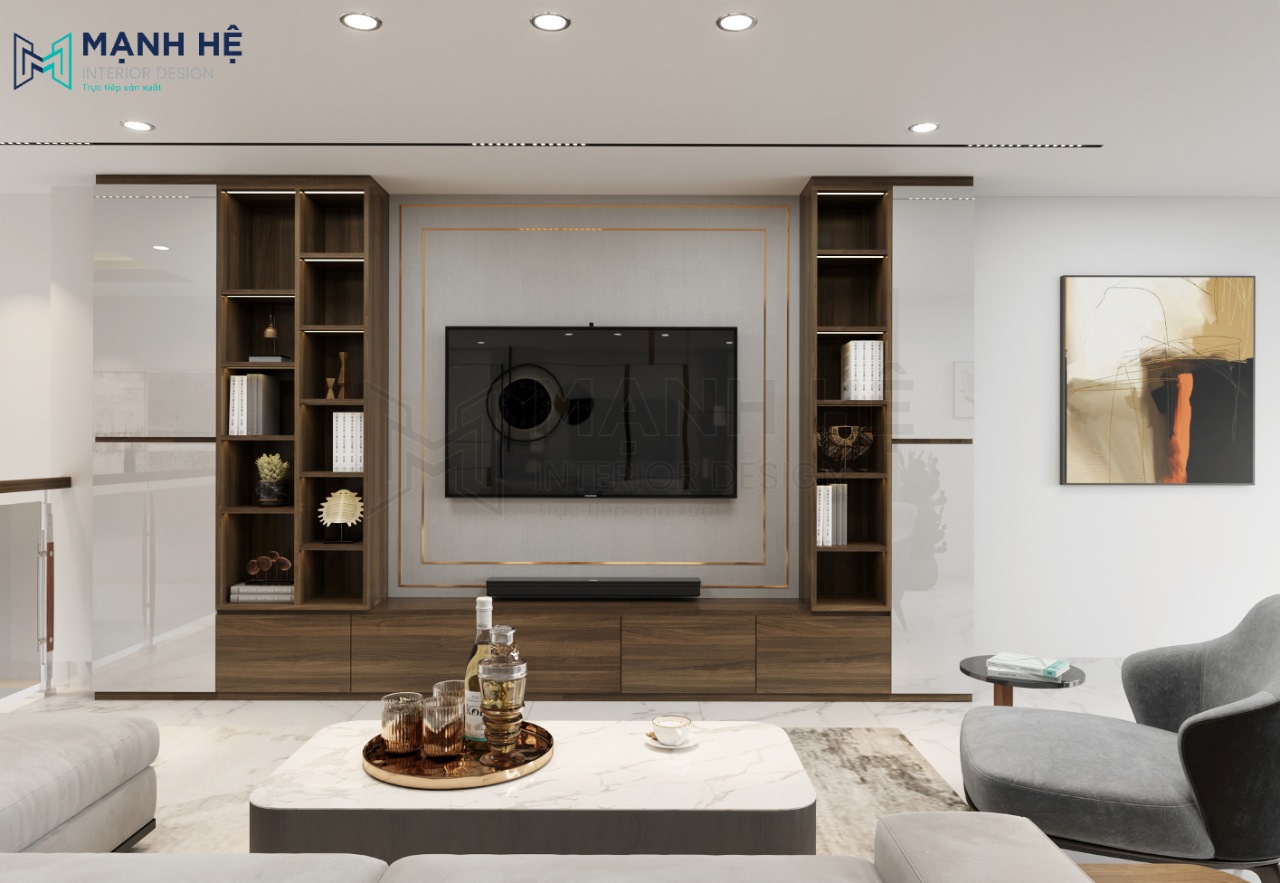 Hệ tủ tivi kết hợp kệ sách đẹp tạo điểm nhấn cho không gian