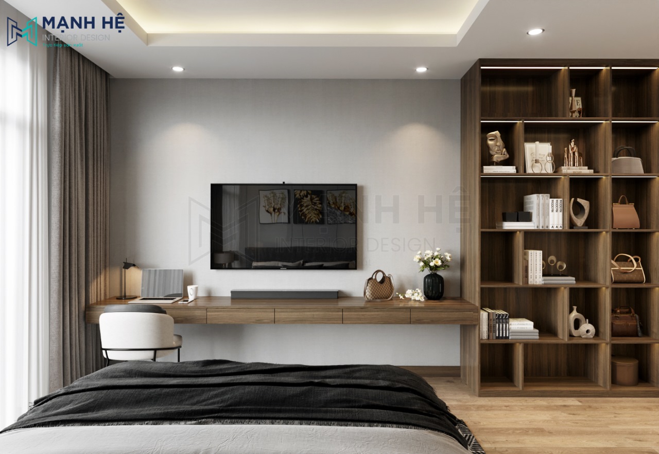 Tủ kệ tivi trep tường kết hợp bàn làm việc giúp tiết kiệm diện tích mặt sàn