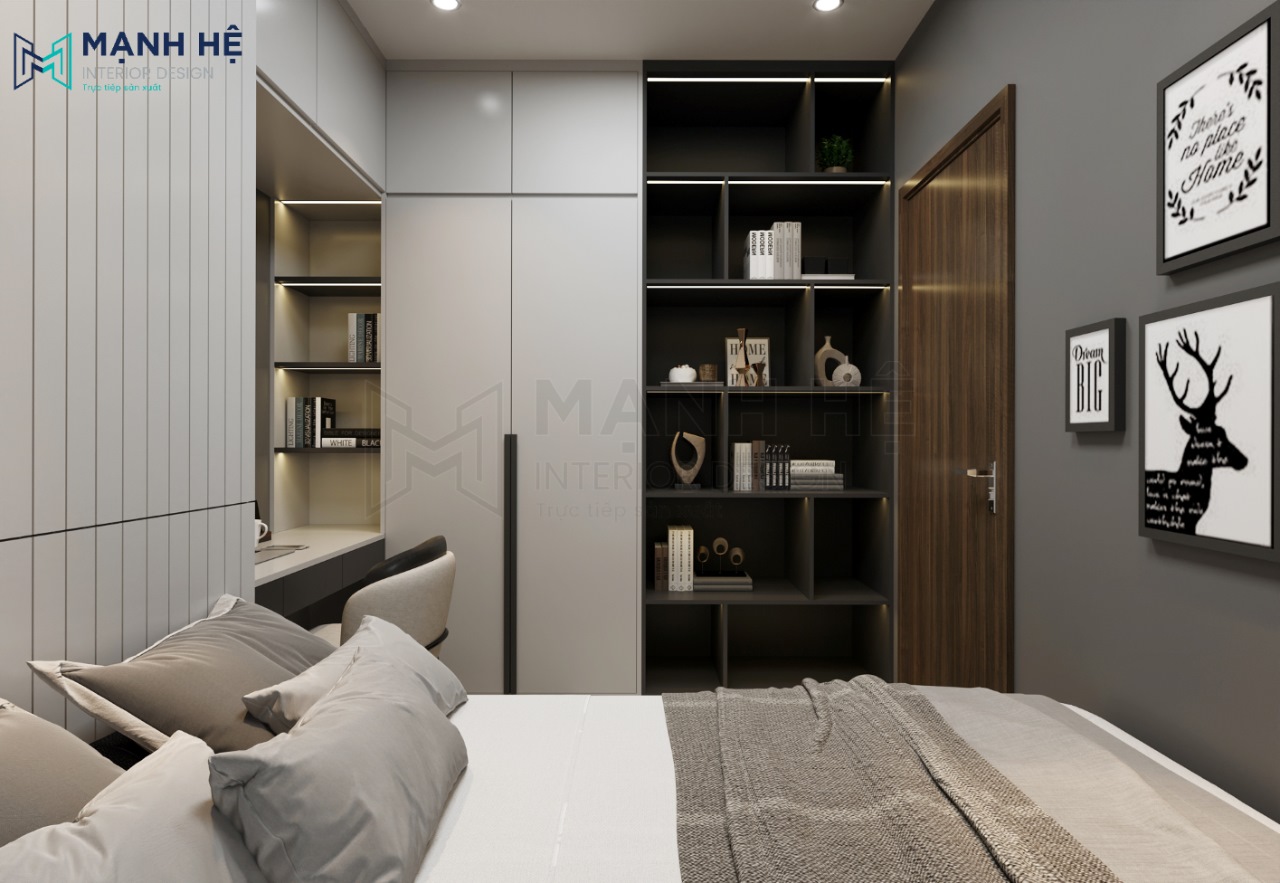 Tủ quần áo 2 cánh mở kết hợp kệ trang trí đep vừa vặn với không gian