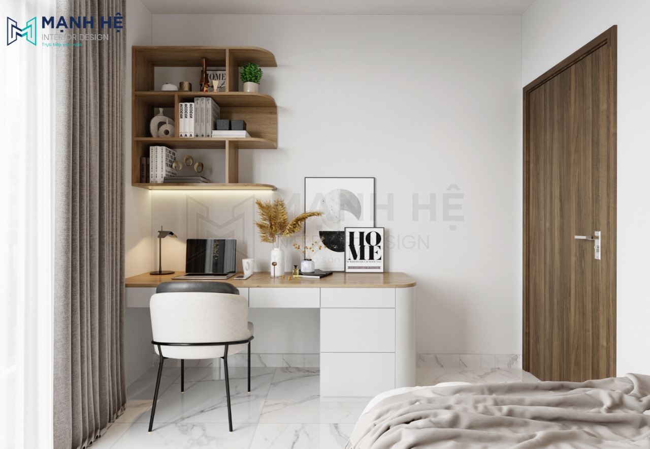 Bàn học và kệ sách treo tường gọn gàng đặt ở một góc phòng