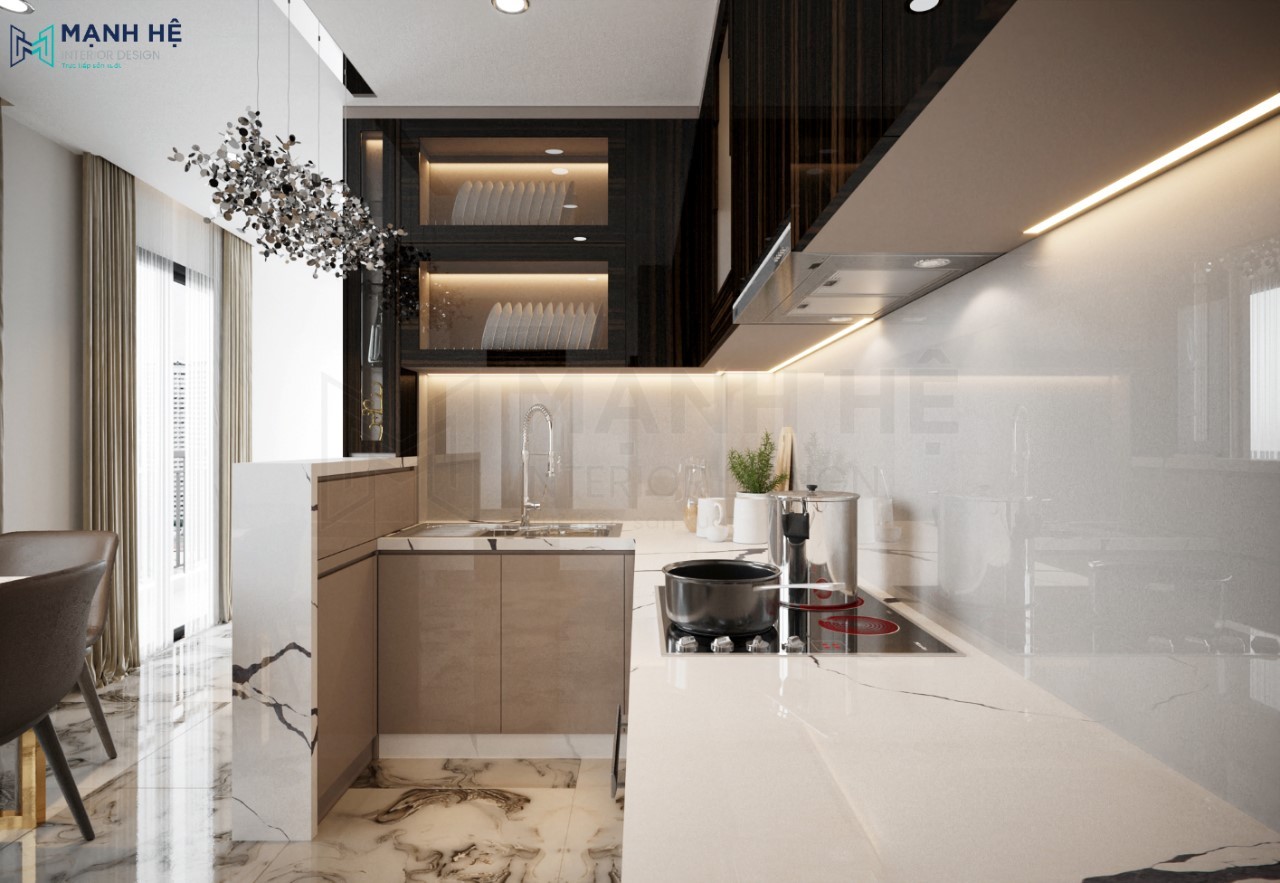 Phối màu đen và màu be sang trọng cho hệ tủ bếp acrylic