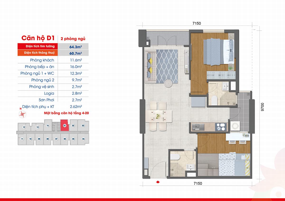 Mặt bằng căn hộ chung cư Sunrise Riverside mã D1 với 2 phòng ngủ nhỏ
