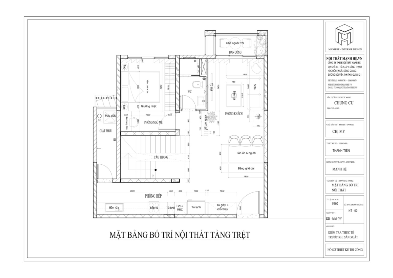 Mặt bằng căn hộ duplex chi tiết với phòng khách, phòng bếp và phòng ngủ