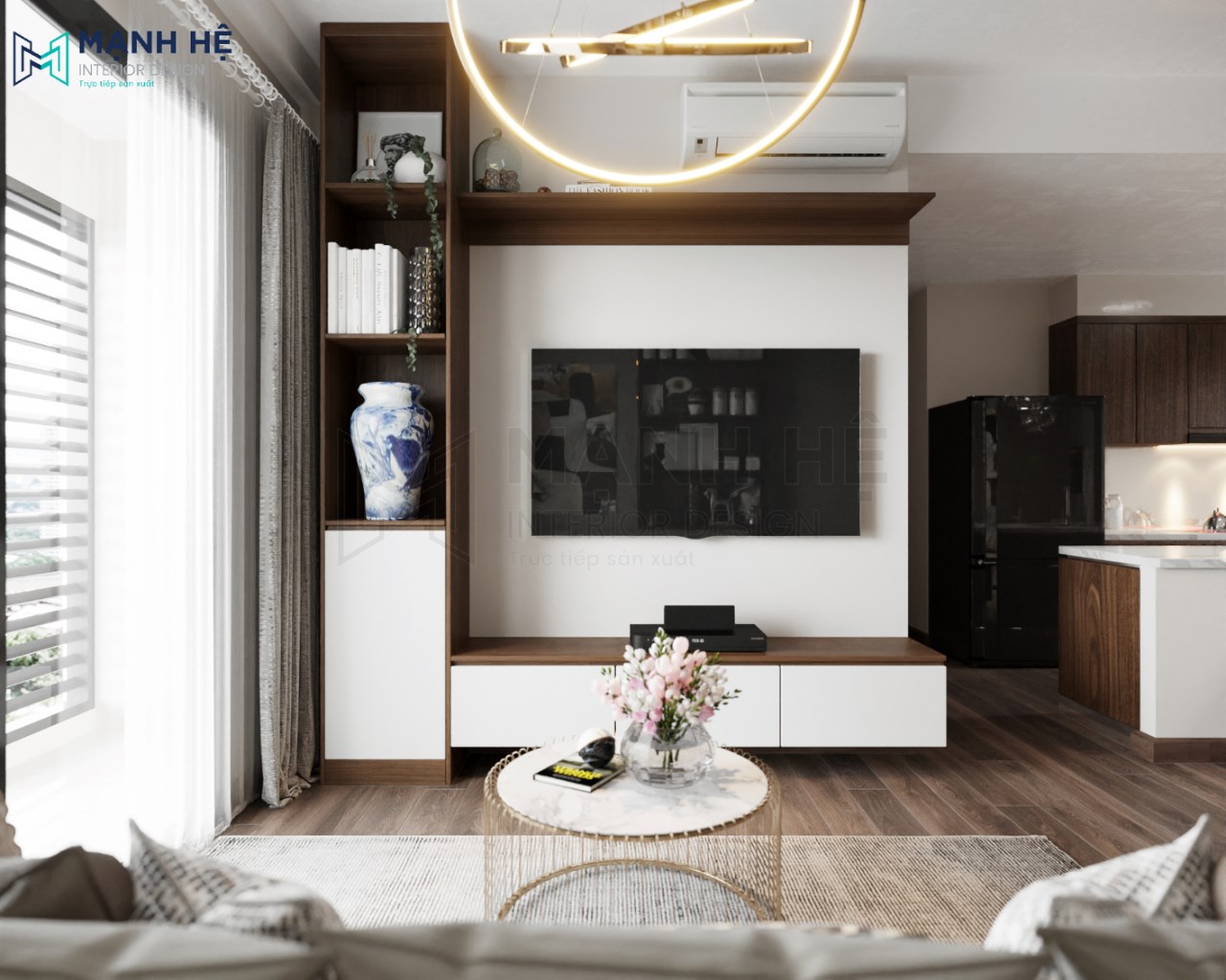 Kê tivi gỗ công nghiệp đẹp có màu sắc đồng bộ với tổng thể
