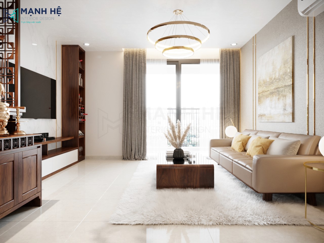 Tổng quan không gian phòng khách chung cư đẹp rộng rãi