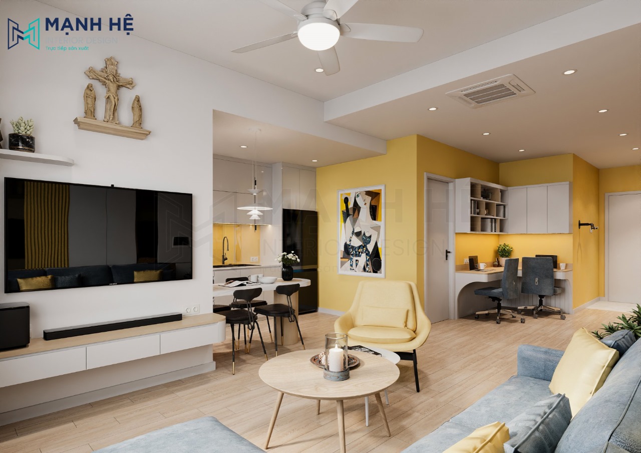 Không gian phòng khách liền bếp có kích thước lớn rộng rãi