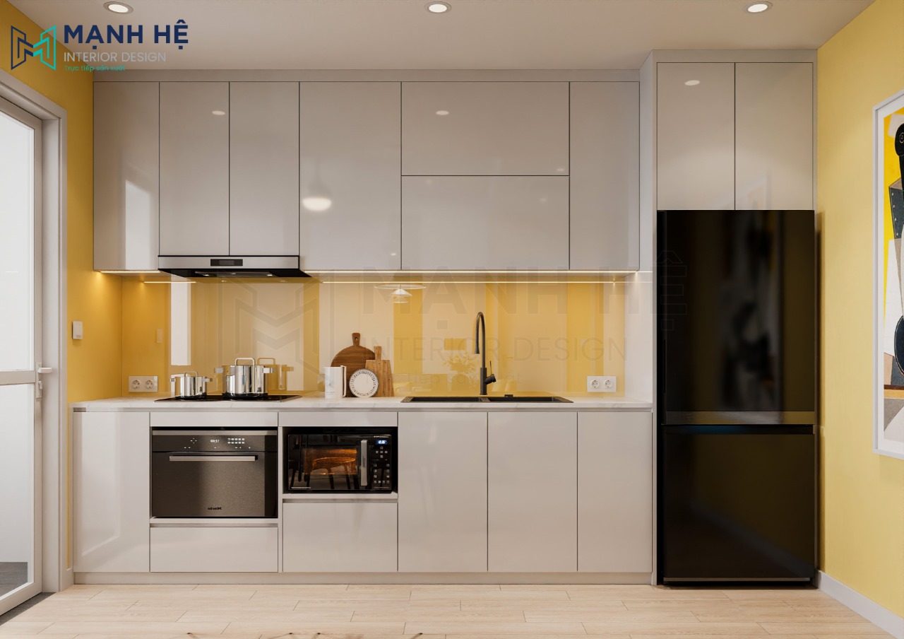 Hệ tủ bếp làm từ gỗ công nghiệp acrylic màu xám sang trọng
