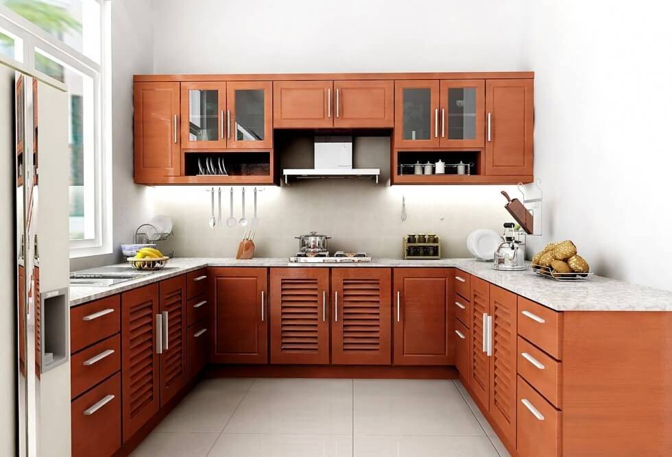 Hệ tủ bếp gỗ căm xe màu vàng đỏ hiện đại