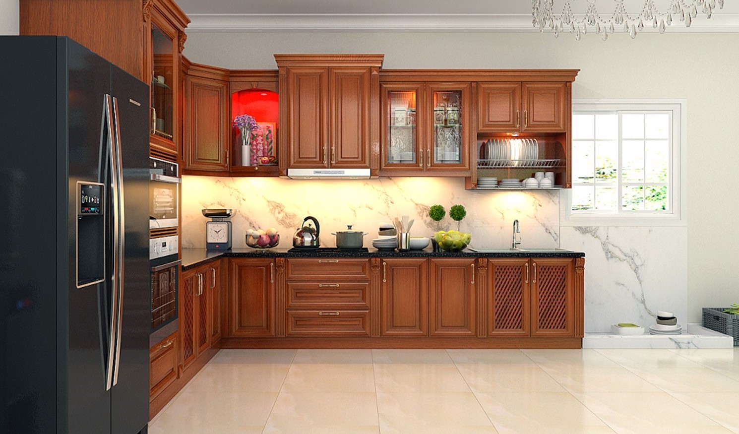 Mẫu tủ bếp gỗ căm xe phong cách cổ điển