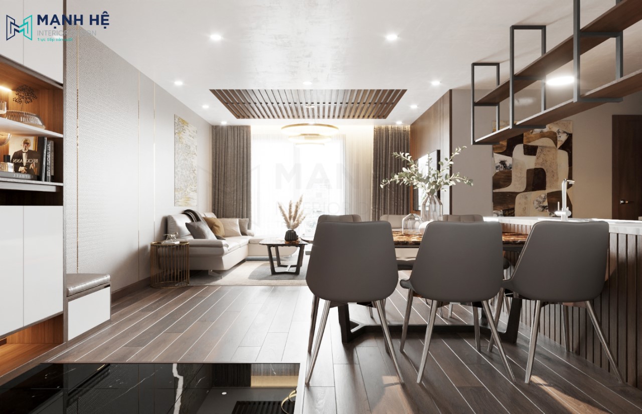 Thiết kế phòng khách liền bếp ngăn cách nhau bởi chiếc bàn ăn tinh tế