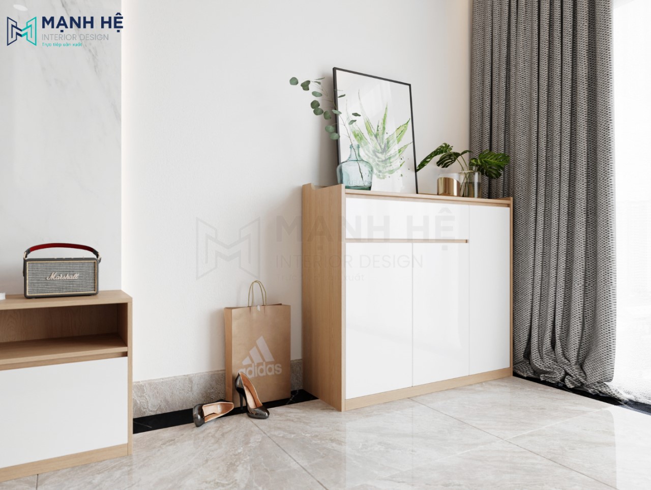 Tủ giày dép làm bằng gỗ công nghiệp đặt ngay cửa ra vào căn nhà phố