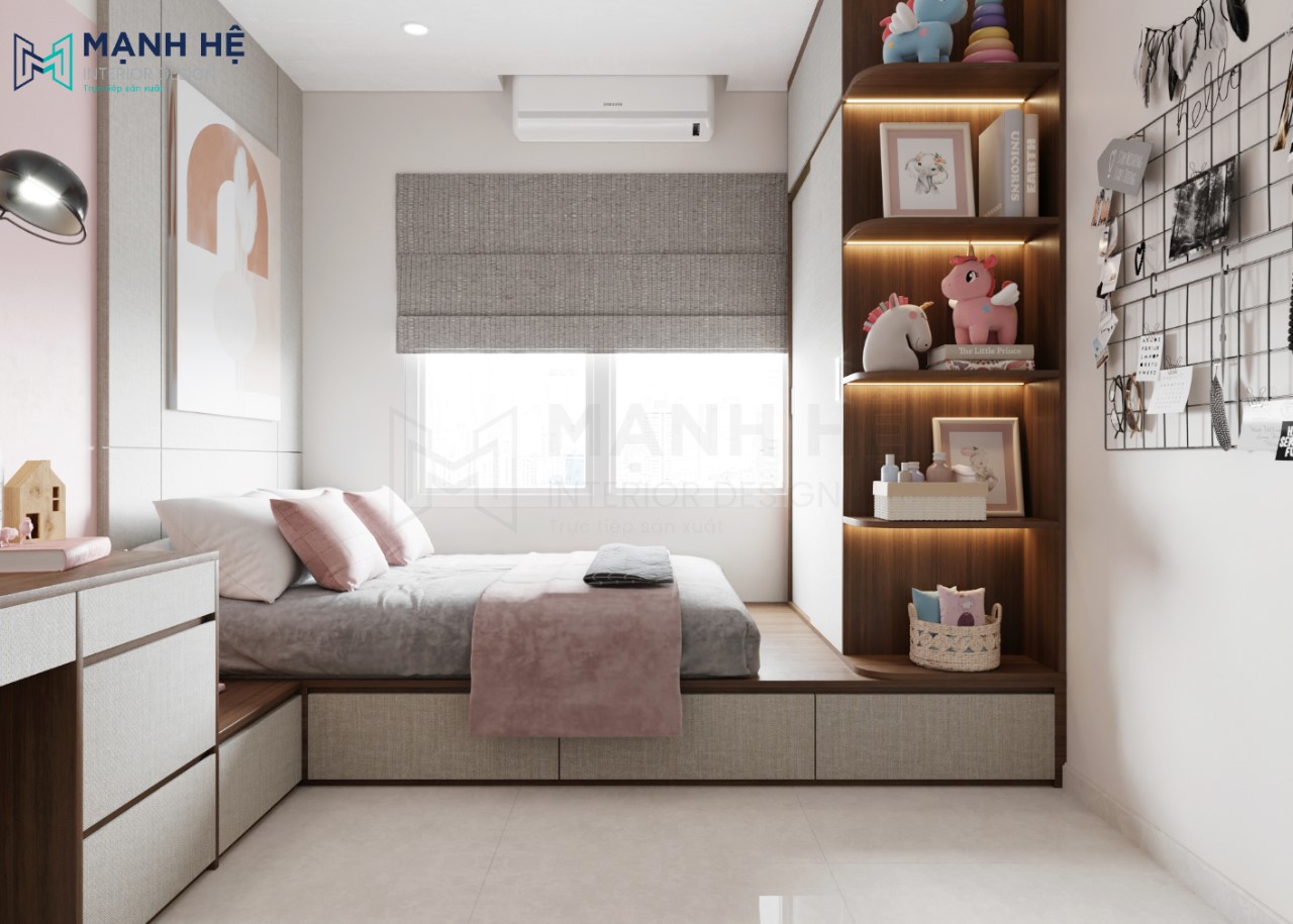 Thiết kế nội thất phòng ngủ đa năng với giường dạng bục
