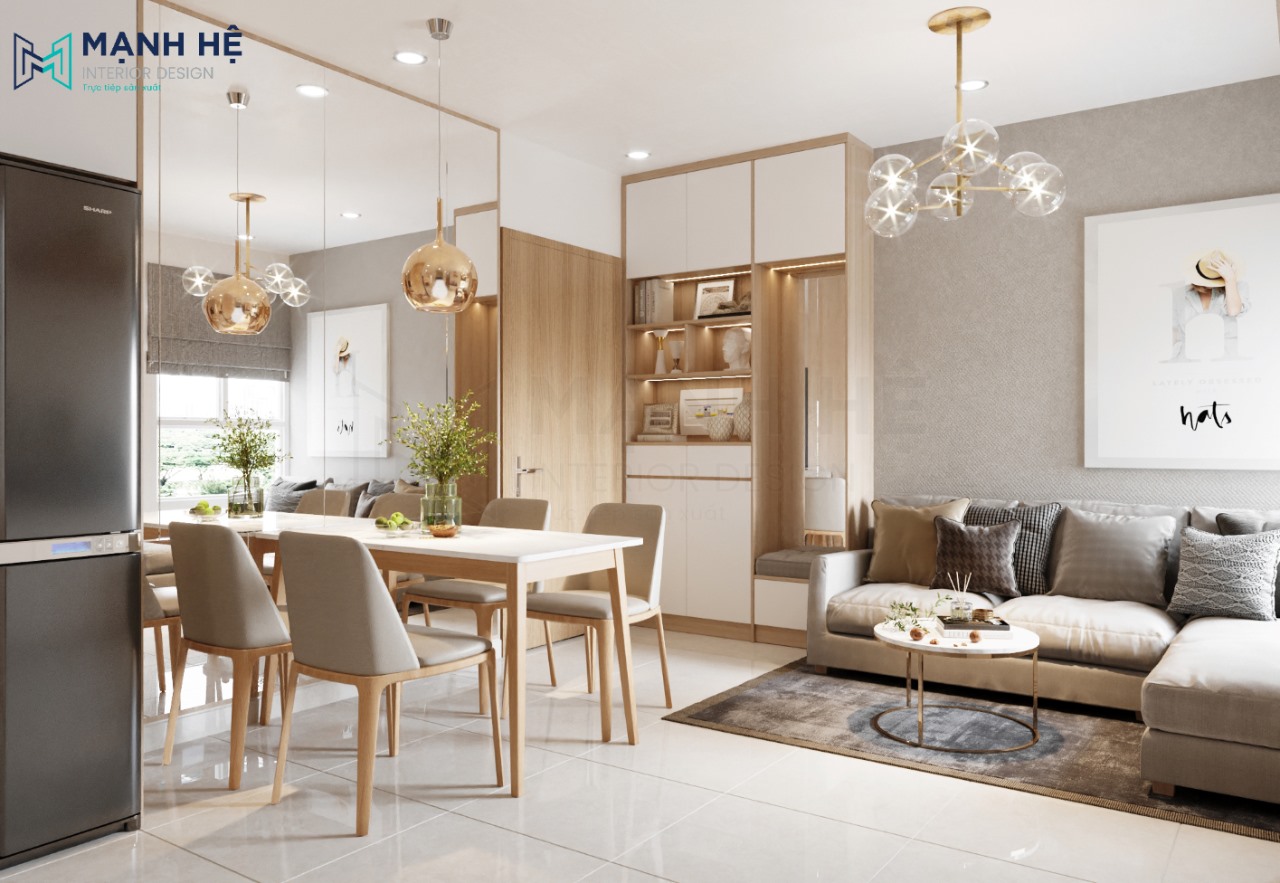 Hệ tủ giày dép kết hợp tủ trang trí đặt cạnh bộ bàn ghế sofa làm điểm nhấn cho không gian phòng khách