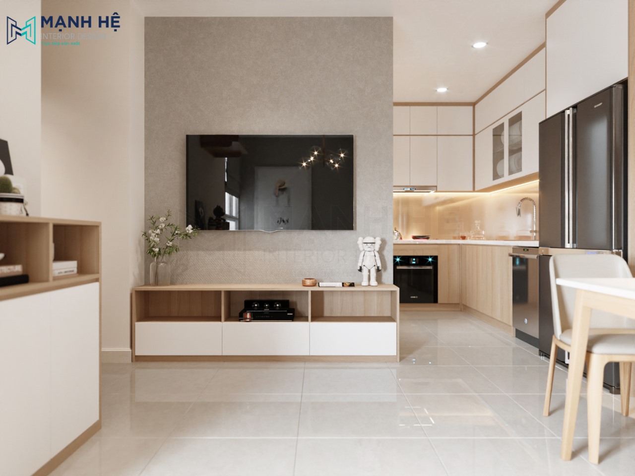 Tủ kệ tivi được làm từ gỗ công nghiệp MDF phủ melamine đặt gọn trong góc tường