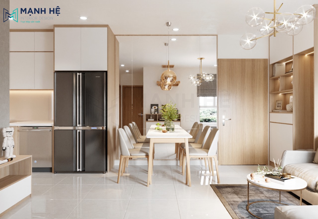 Bộ bàn ăn nhỏ đơn giản đặt trước tấm ốp kính thủy giúp "ăn gian" diện tích tối đa