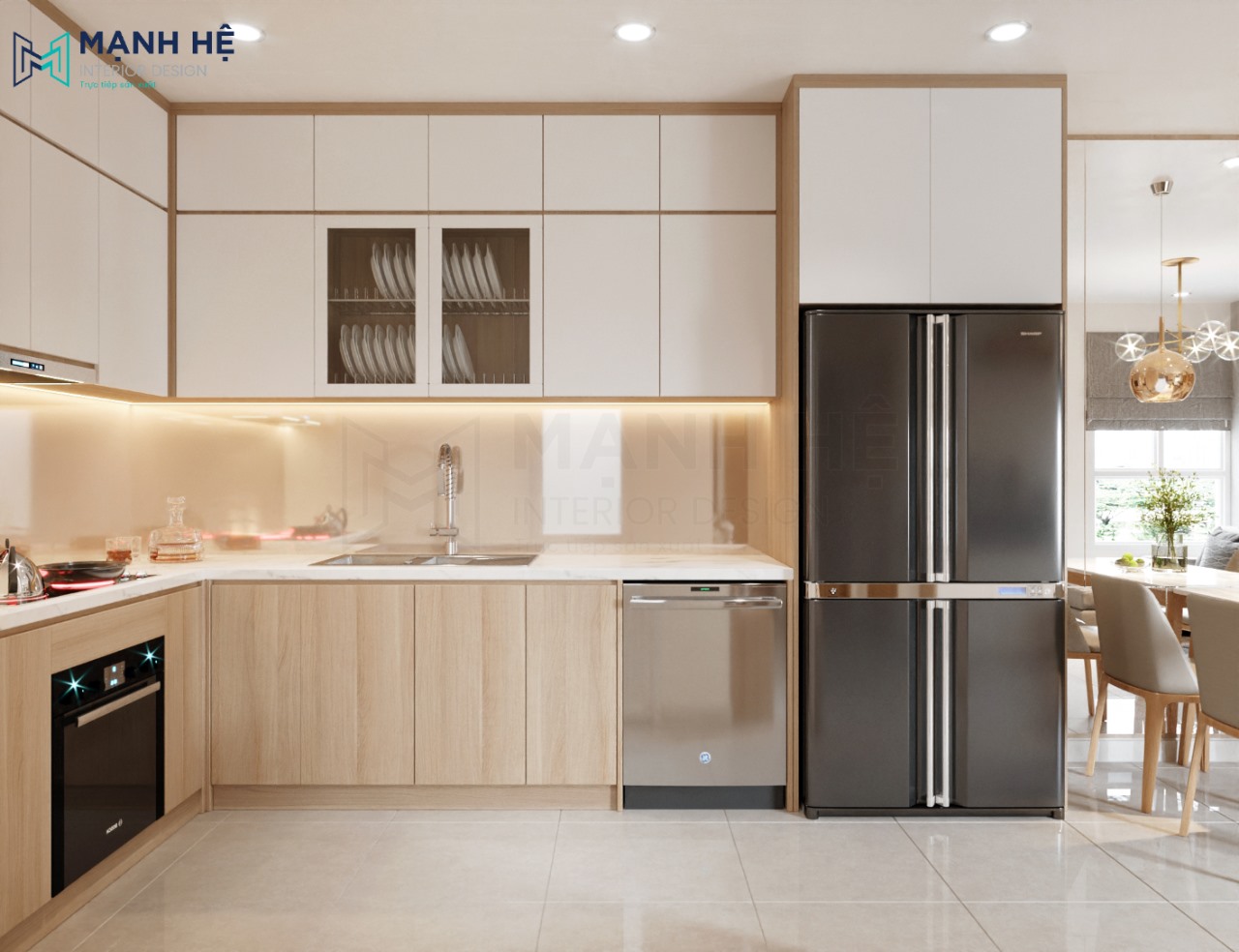 Tủ bếp chữ L gỗ công nghiệp dành cho gian bếp có không gian nhỏ